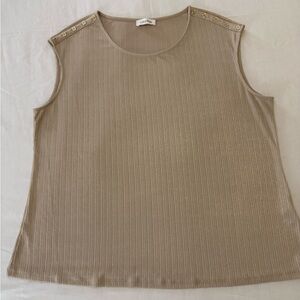 Calvin Klein Sleeveless Ribbed Knit Top Gold Button Shoulder Tank Beige - XL